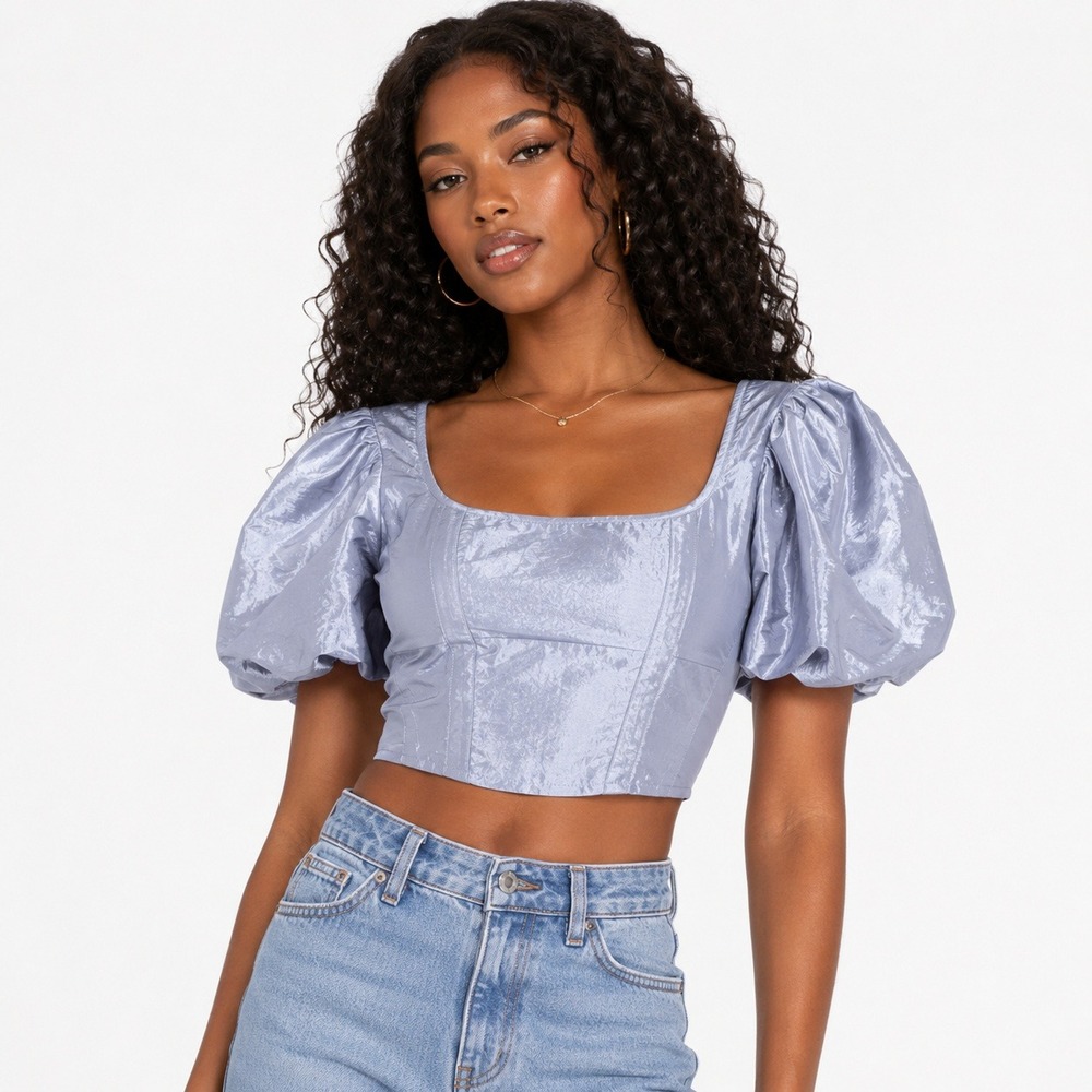 Topshop Corset Puff Sleeve Metallic Taffeta Crop Top Pastel Purple Iridescent 4